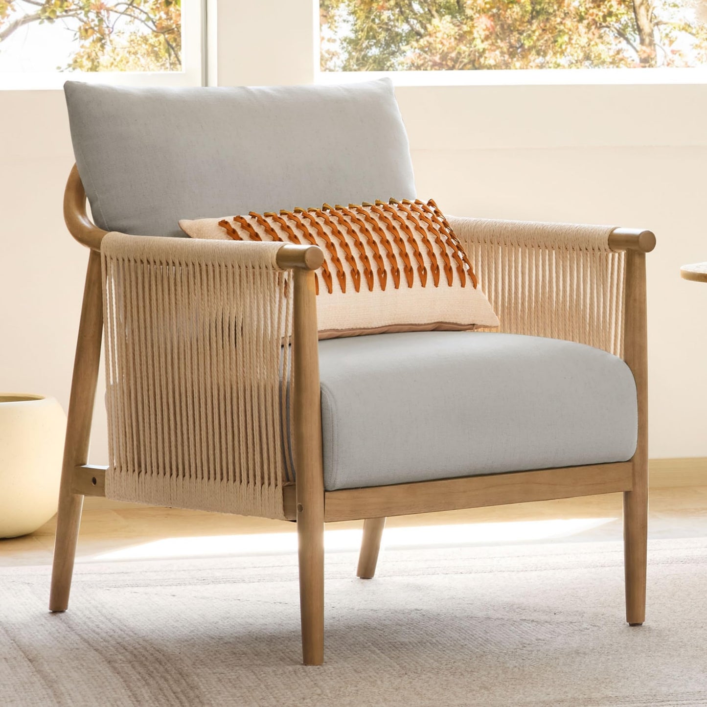 CHITA Braid Accent Chair, Modern Armchair with Solid Wooden Armrest for Living Room and Bedroom, Boho Reading Chair, Cream