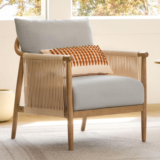 CHITA Braid Accent Chair, Modern Armchair with Solid Wooden Armrest for Living Room and Bedroom, Boho Reading Chair, Cream
