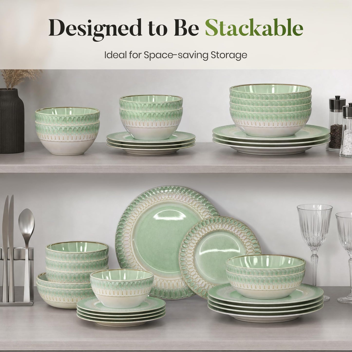 Kitchen Academy Stoneware Dinnerware Sets for 8, Embossed Ceramic Plates and Bowls Set, Beige Dishes