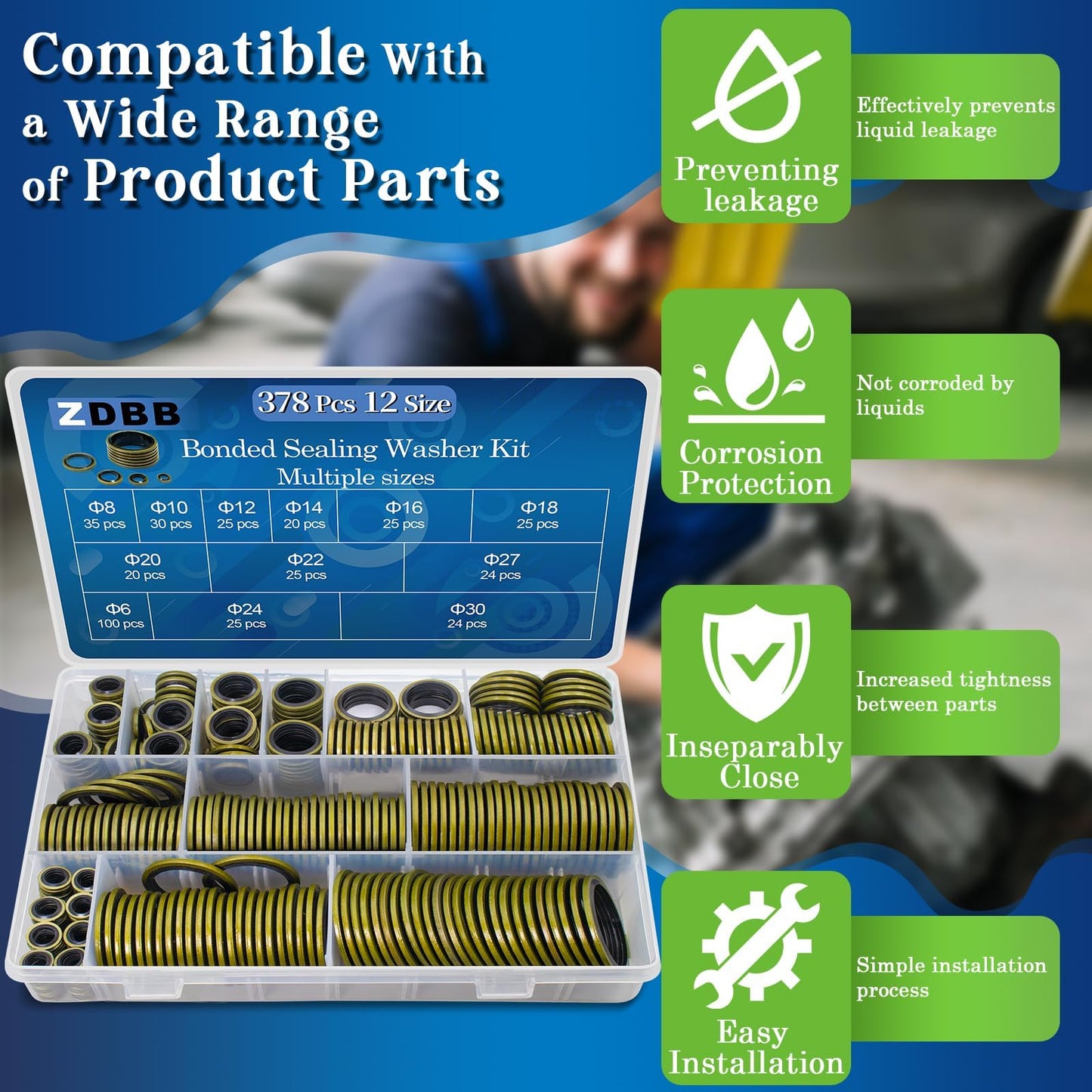 ZDBB 12 Sizes 378 Pcs Bonded Sealing Washer Kit,Automotive Self-Centred AC Seal Metal Rubber Gasket Repair Assortment Set M6 M8 M10 M12 M14 M16 M18 M20 M22 M24 M27 M30 (Metric)