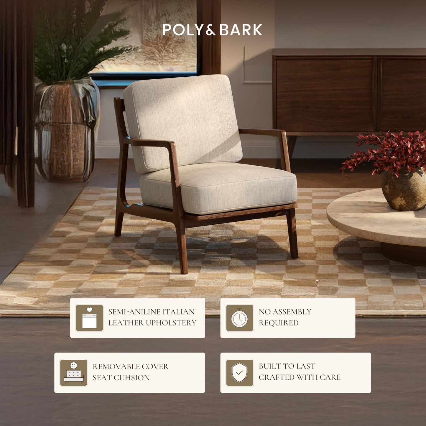 Poly & BARK Verity Leather Accent Chair – Armchair with Walnut Wood Frame – Fashion-Forward Lounge Seating for Living Room – Upholstered in Cognac Tan Leather for Modern Style
