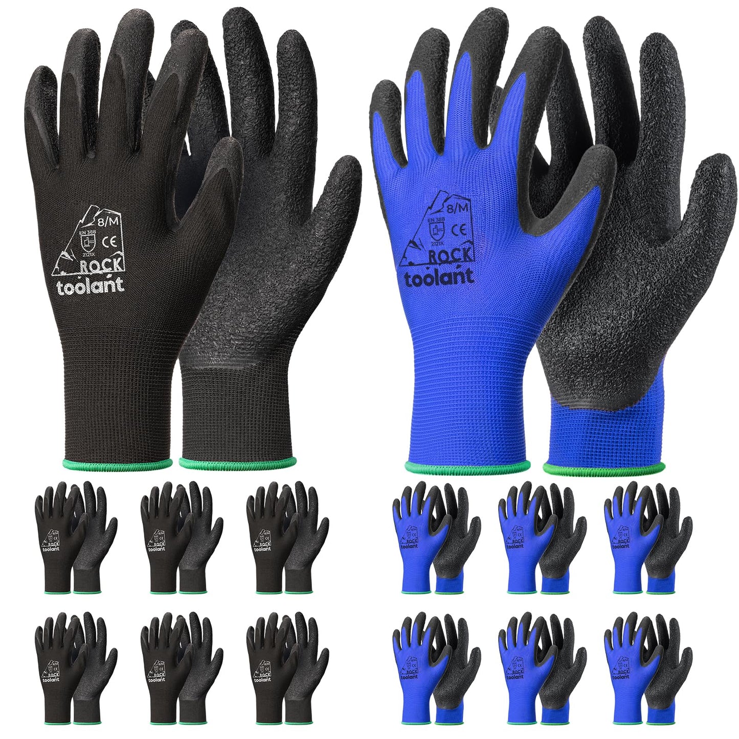 toolant Crinkle Latex Work Gloves Bulk, Rubber Coated Safety Work Gloves for Men and Women, 12 Pairs for Construction, Gardening, Warehouse (Black, Large)