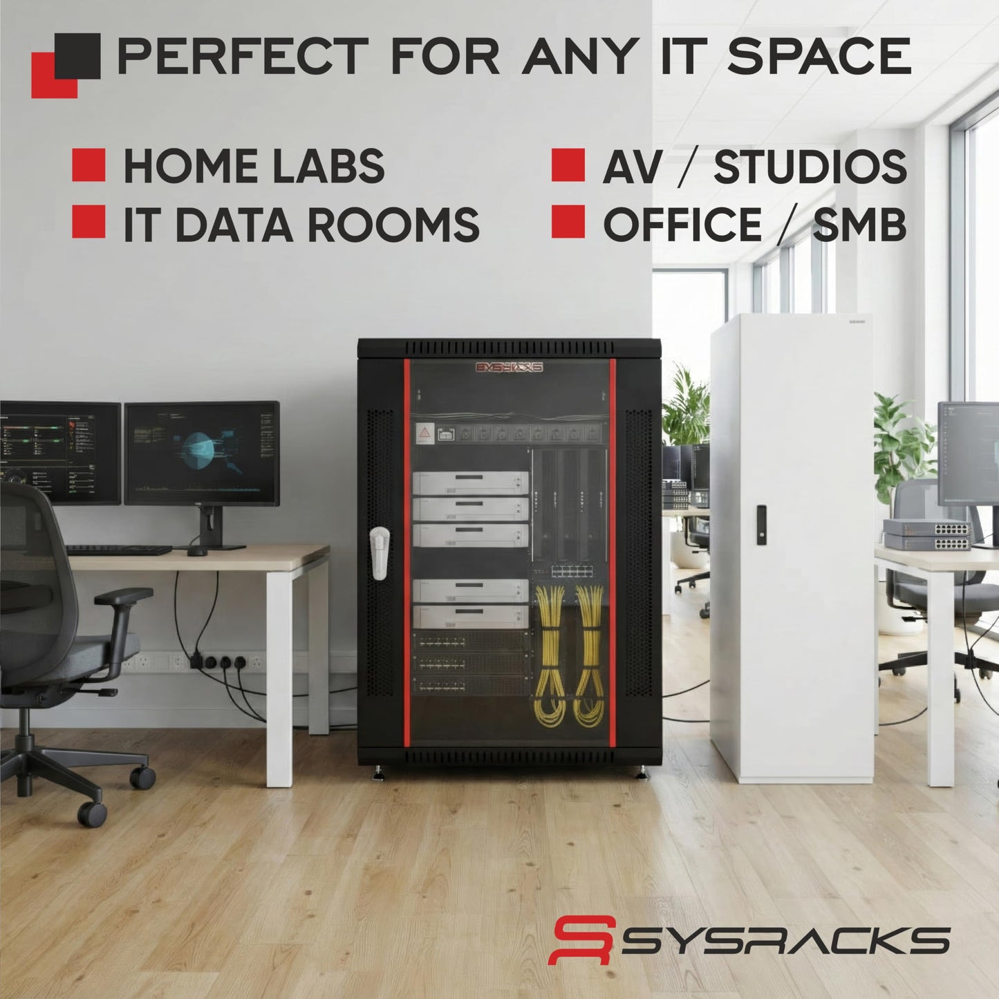 Sysracks 32U Server Rack Cabinet, 32" Deep, Glass Door, 19-Inch | 4-fan thermostat cooling, PDU, shelf, casters, cable brushes, 1600 lb capacity