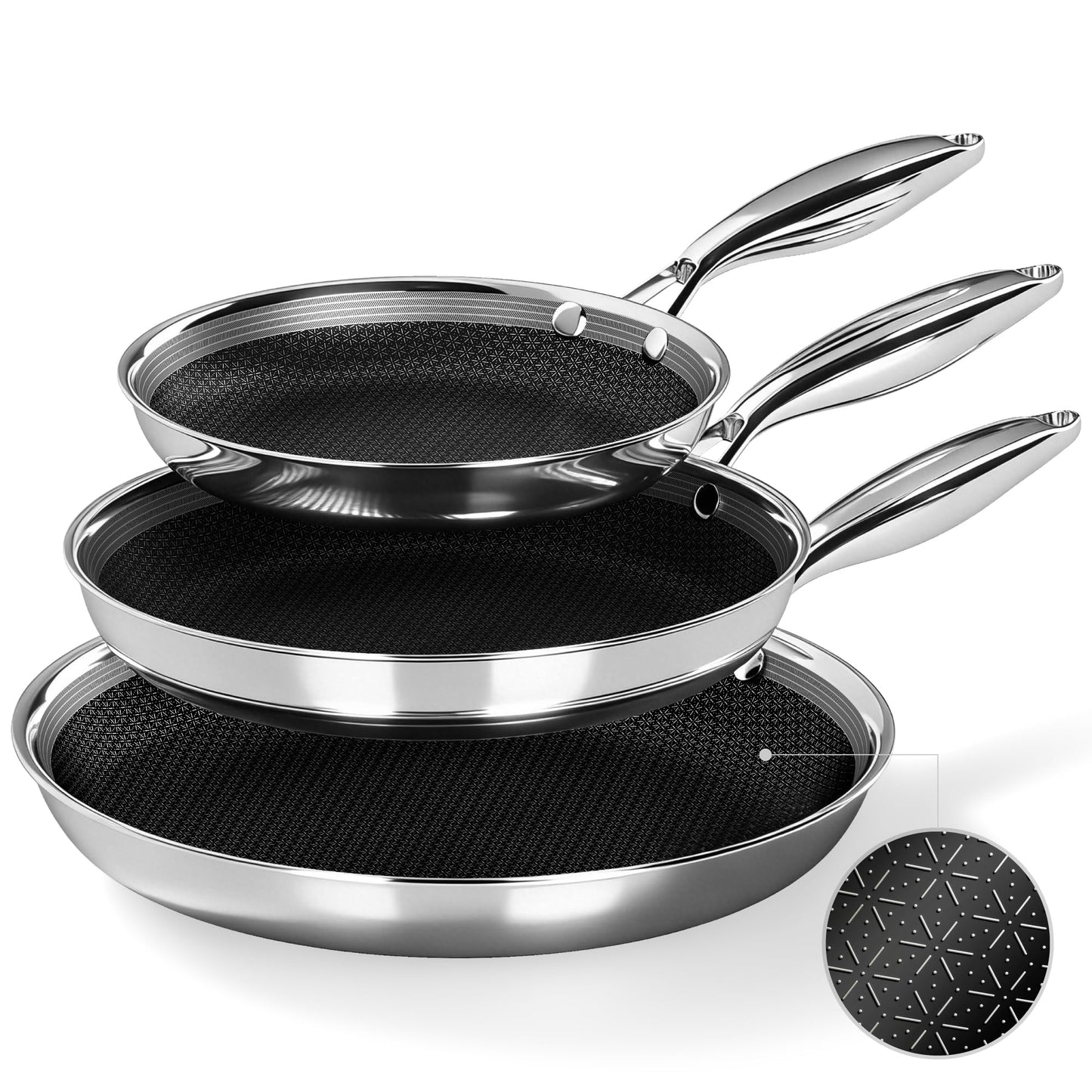 Kitchen Academy 8/10/12 Inch 3-Ply Stainless Steel Skillet Set, Induction Frying Pans, Oven Safe & Dishwasher Safe, PFOA-Free Cookware