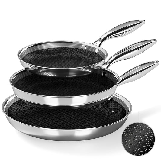 Kitchen Academy 8/10/12 Inch 3-Ply Stainless Steel Skillet Set, Induction Frying Pans, Oven Safe & Dishwasher Safe, PFOA-Free Cookware
