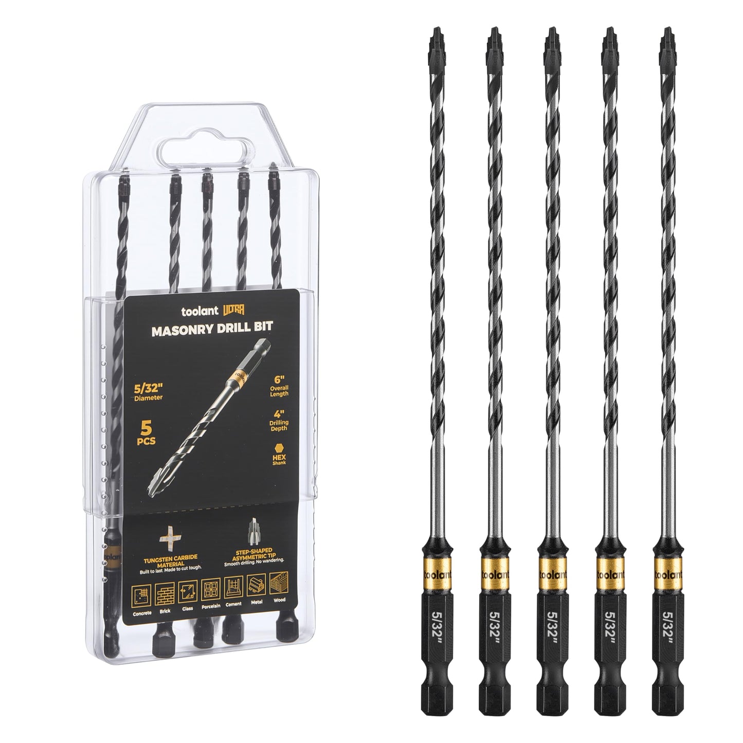 toolant Serrated Eccentric Masonry Drill Bit Set(5pcs),Four Edge Concrete Drill Bits for Glass, Tile, Brick, Cement Concrete Plastic,5/32"-3/8",Industrial Strength Carbide Drill Bit Tip