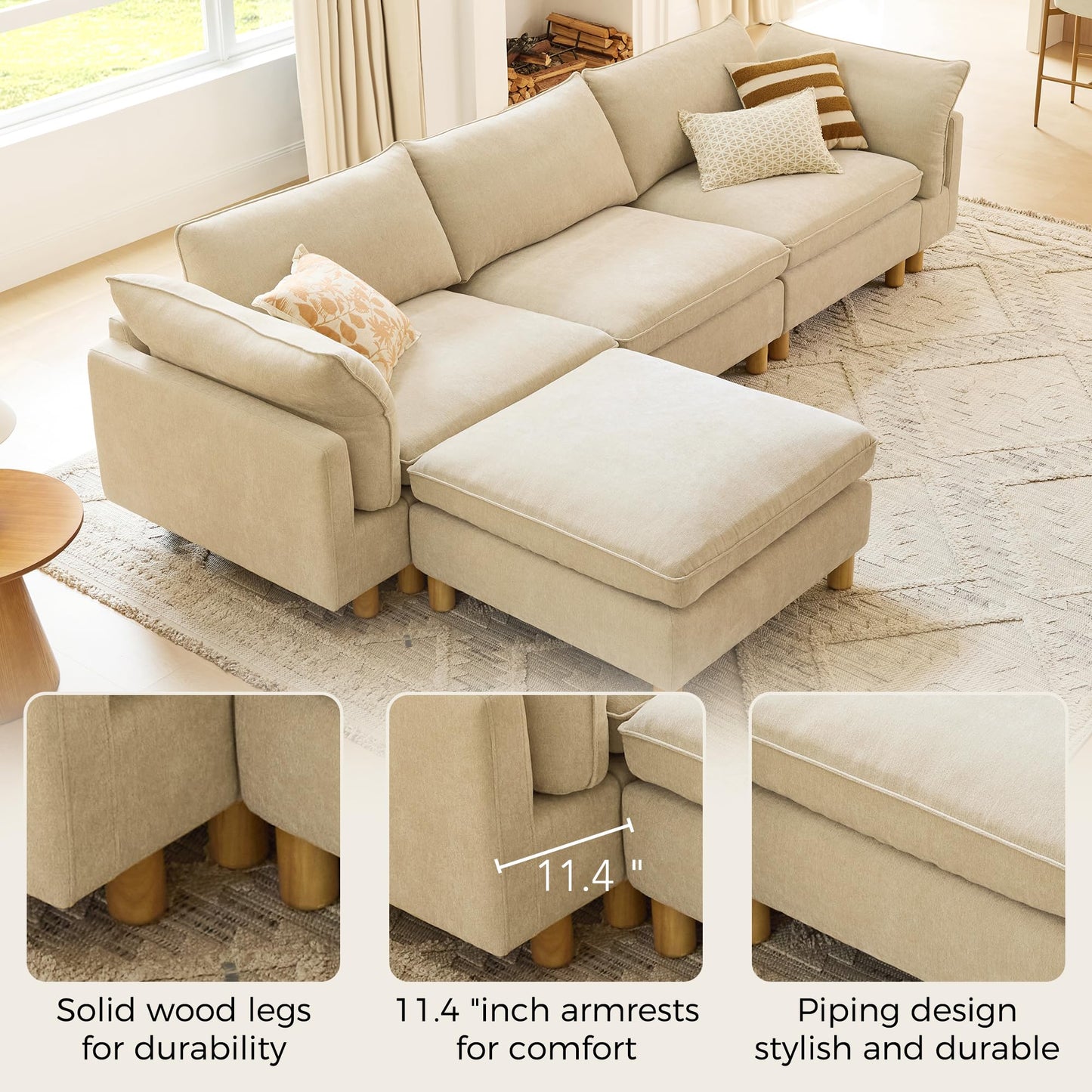 CHITA 127" Super Large Sectional Couches for Living Room, Modular Cloud Couch Sectional Sofa, Premium Fabric Couches, Down Filled, High Density Foam, Chenille in Cream, 4 Seat L Shaped