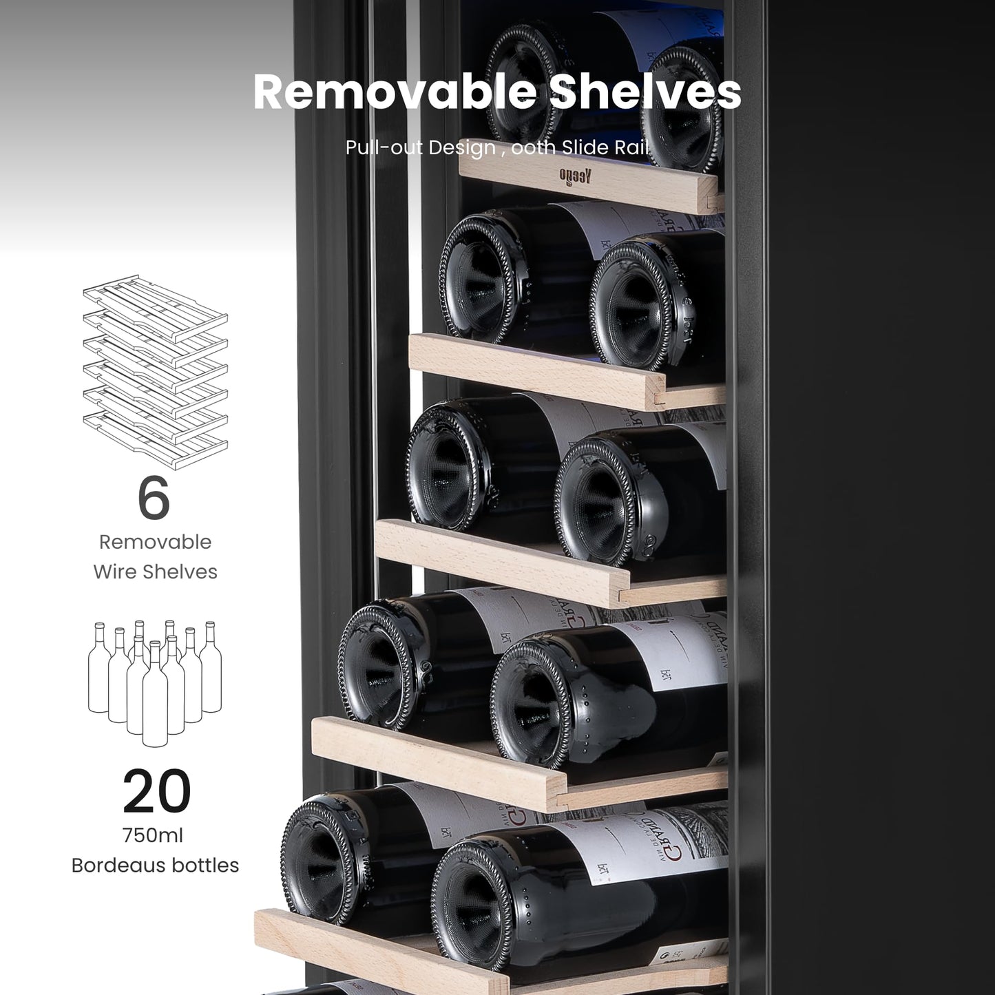 Yeego 24 Inch Wine Fridge Cooler - 52 Bottles Wine Cooler with Glass Door, 40-65℉ Built-In or Freestanding Refrigerator, Under Counter Wine Fridge for Kitchen Bar Office (Left-Hinged)
