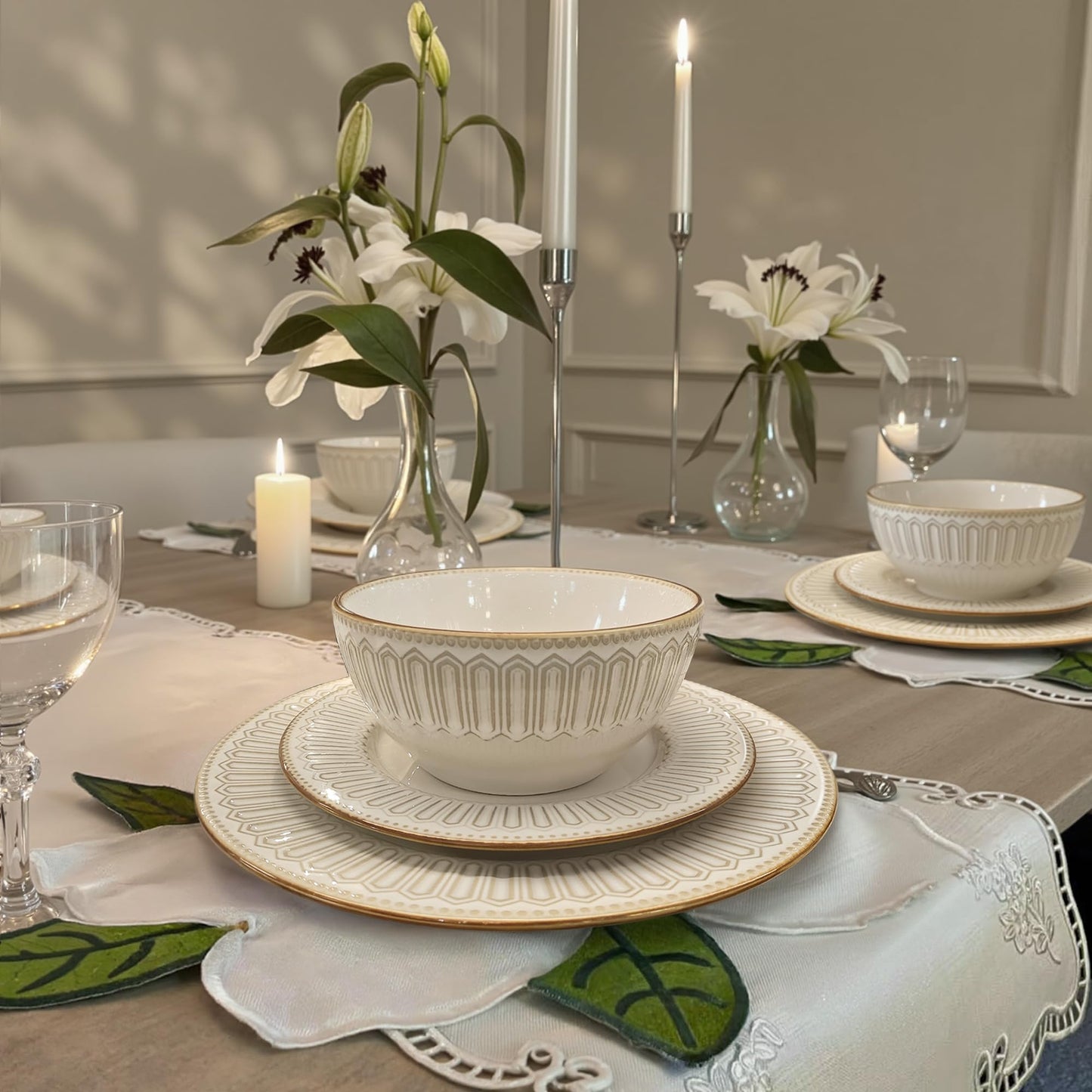 Kitchen Academy Stoneware Dinnerware Sets for 8, Embossed Ceramic Plates and Bowls Set, Beige Dishes