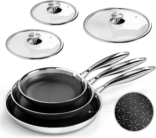 Kitchen Academy 6Pcs 18/10 Stainless Steel Frying Pan Set, 3-Ply 8/10/12 Inch Induction Ready Skillet with Lids, Dishwasher & Oven Safe, PFOA and PFAS Free