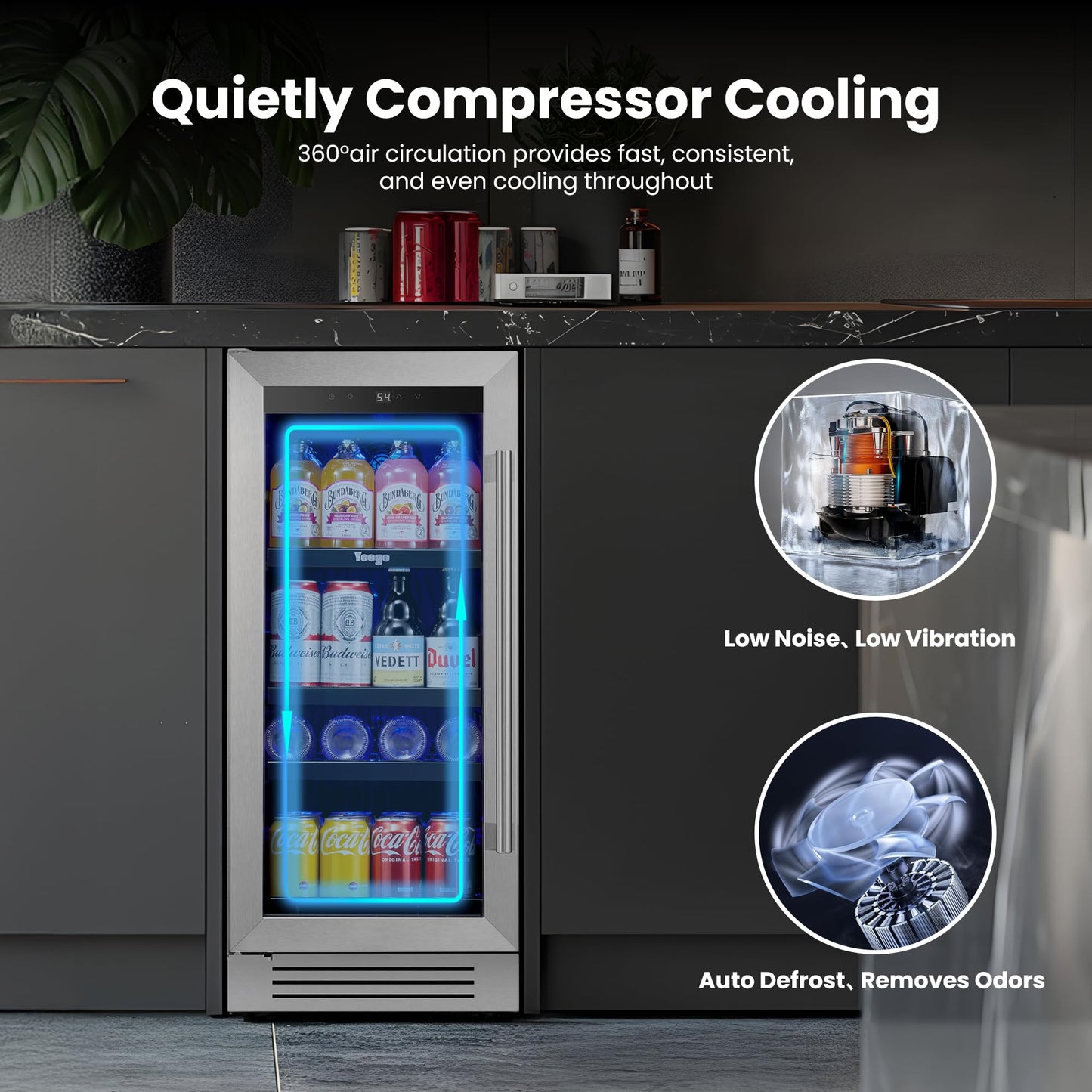 Yeego 24-Inch Beverage Refrigerator, Built-In or Freestanding Beverage Cooler, Up to 180 Cans, Glass Door Mini Fridge for Soda, Beer, Water & Wine (Left-Hinged)