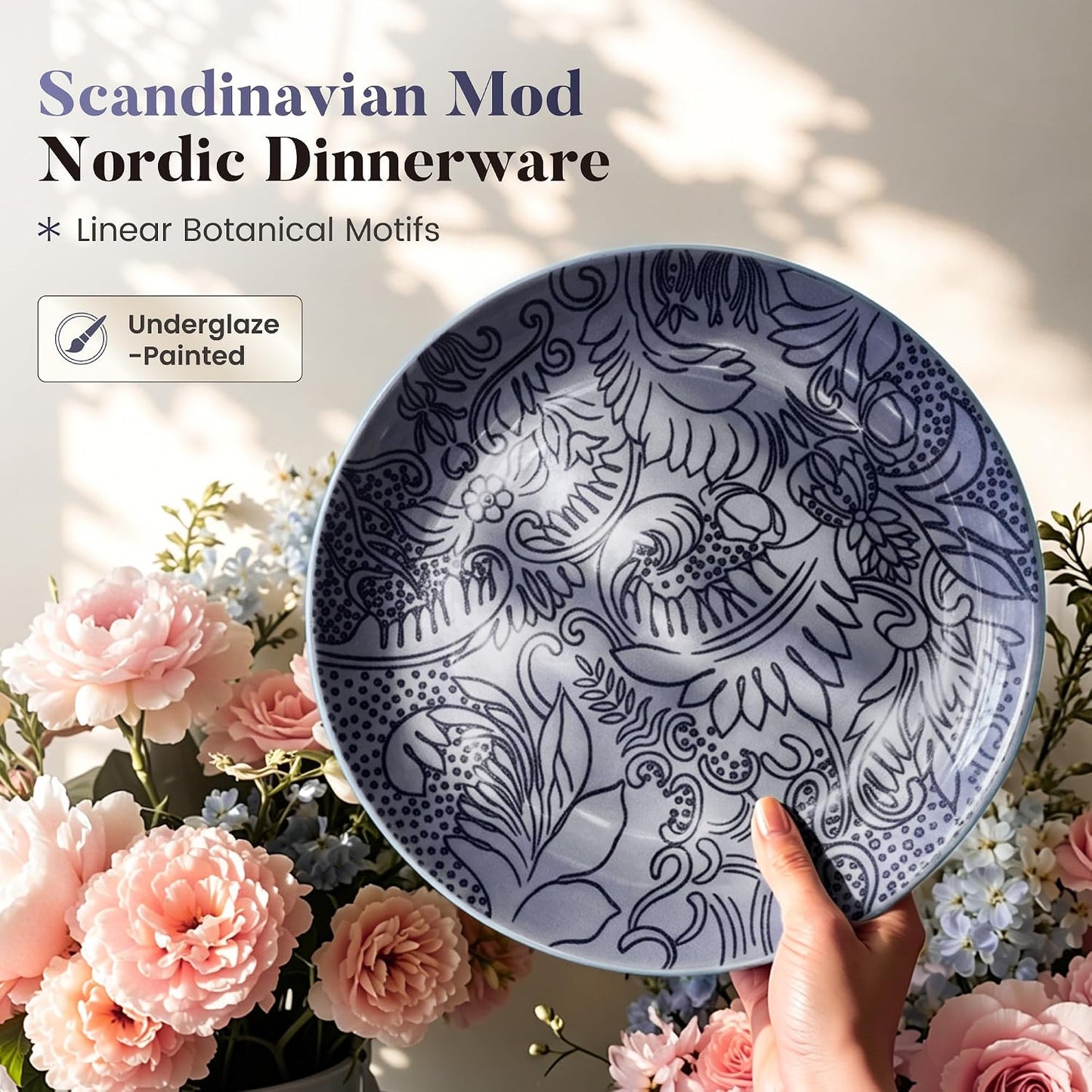 Kitchen Academy Scandinavian Dinnerware Set for 4, Stoneware Plates and Bowls Set Non Toxic, 12 Pcs Kitchen Dish Set, Microwave & Dishwasher Safe