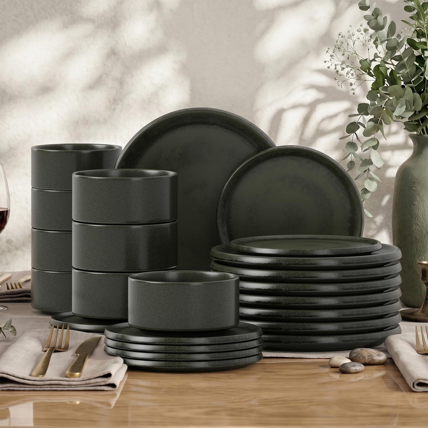 Kitchen Academy Stoneware Dinnerware Sets for 4, 16 Pieces Ceramic Non Toxic Plates and Bowls Sets, Scratch Resistant Handmade Dish Set, Oven & Microwave & Dishwasher Safe, Matte Black