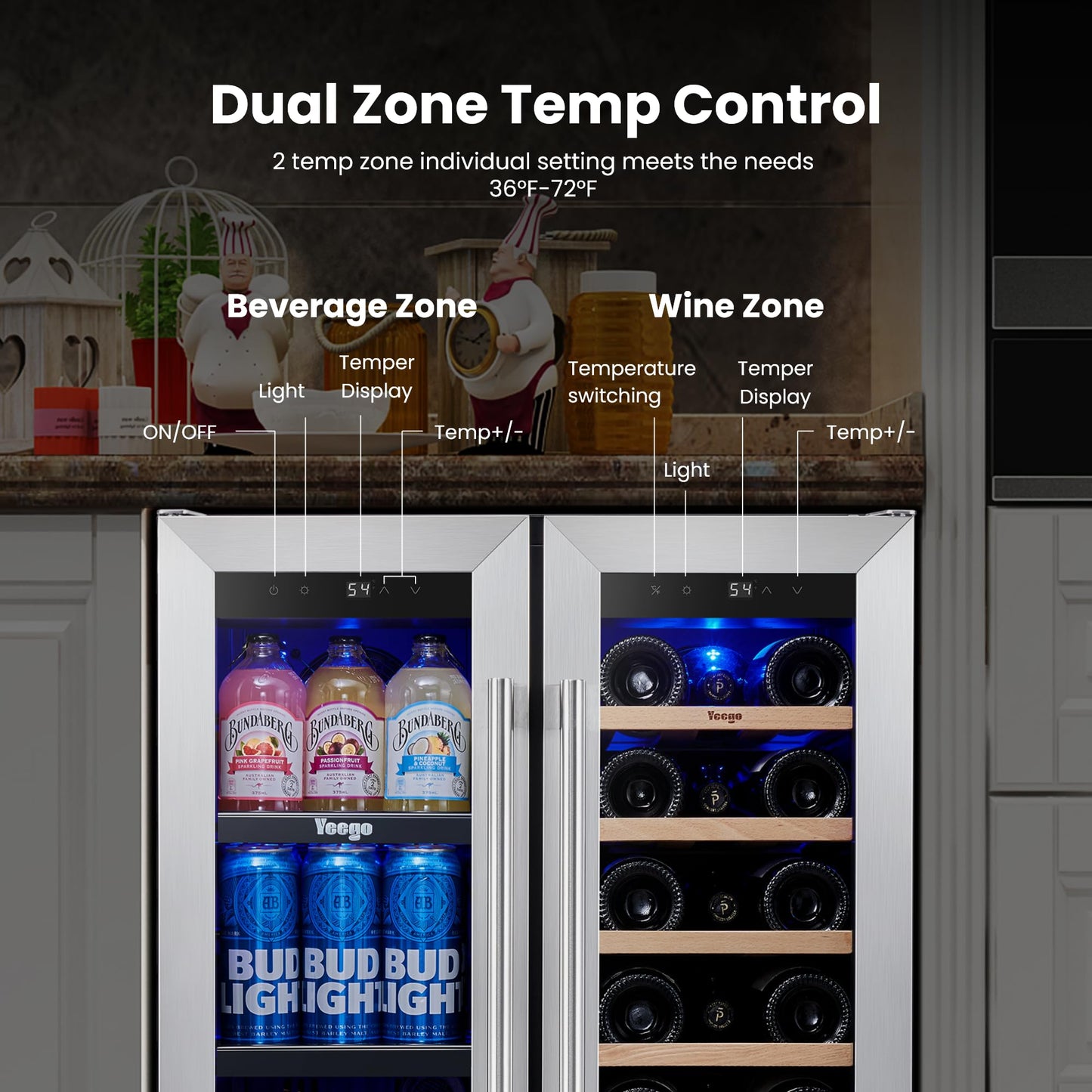Yeego Beverage Refrigerator & Drink Fridge - 24 inch 180 Cans Beer Cooler Glass Door, 34-54℉ Under Counter Refrigerator Built-in for Drink Soda Wine for Bar Office Bedroom