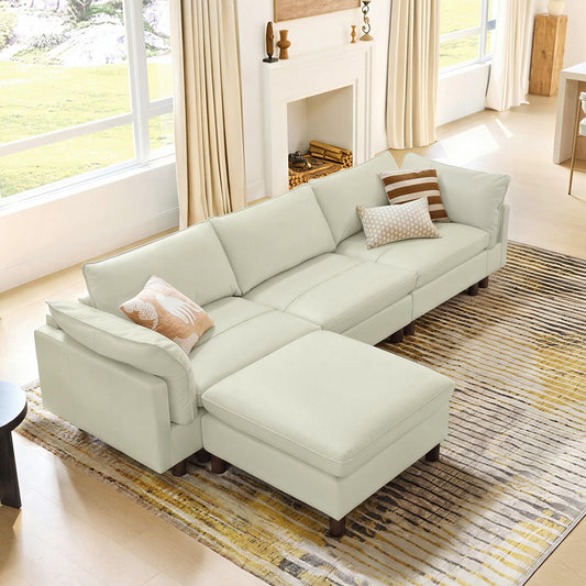 CHITA 127" Super Large Sectional Couches for Living Room, Modular Cloud Couch Sectional Sofa, Premium Fabric Couches, Down Filled, High Density Foam, Chenille in Cream, 4 Seat L Shaped