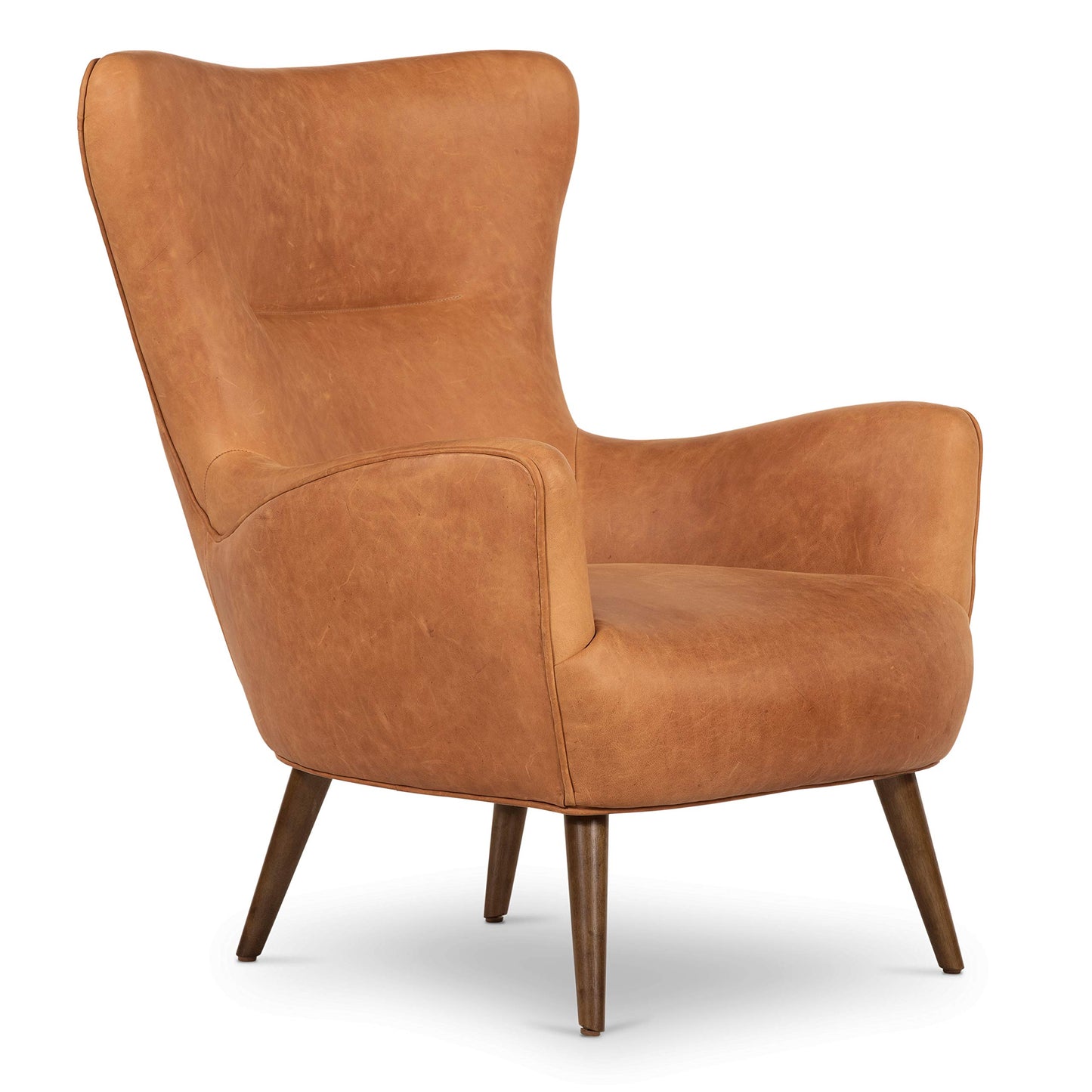 Poly & BARK Rowan Lounge Chairs Set of 2 – Mid Century Modern Leather Armchairs with Ribbed Seat and Solid Ash Wood Frame, Cognac Tan