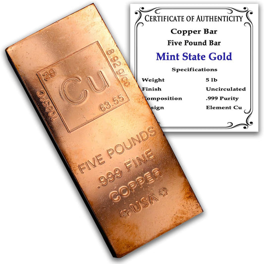 5 lb Copper Bar (Flat Style) .999 Pure Bullion with Periodic Table Element Design by Mint State Gold