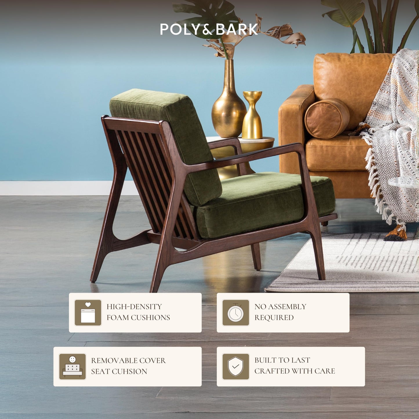 Poly & BARK Verity Leather Accent Chair – Armchair with Walnut Wood Frame – Fashion-Forward Lounge Seating for Living Room – Upholstered in Cognac Tan Leather for Modern Style