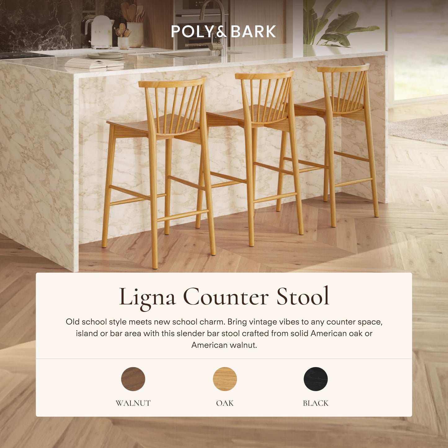 Poly & BARK Ligna Counter Stool in Black – Mid-Century Inspired Stool with Sculpted Spindle Back – Solid American Oak Frame and Engineered Wood Veneered Seat – Fully Assembled and Ready to Use