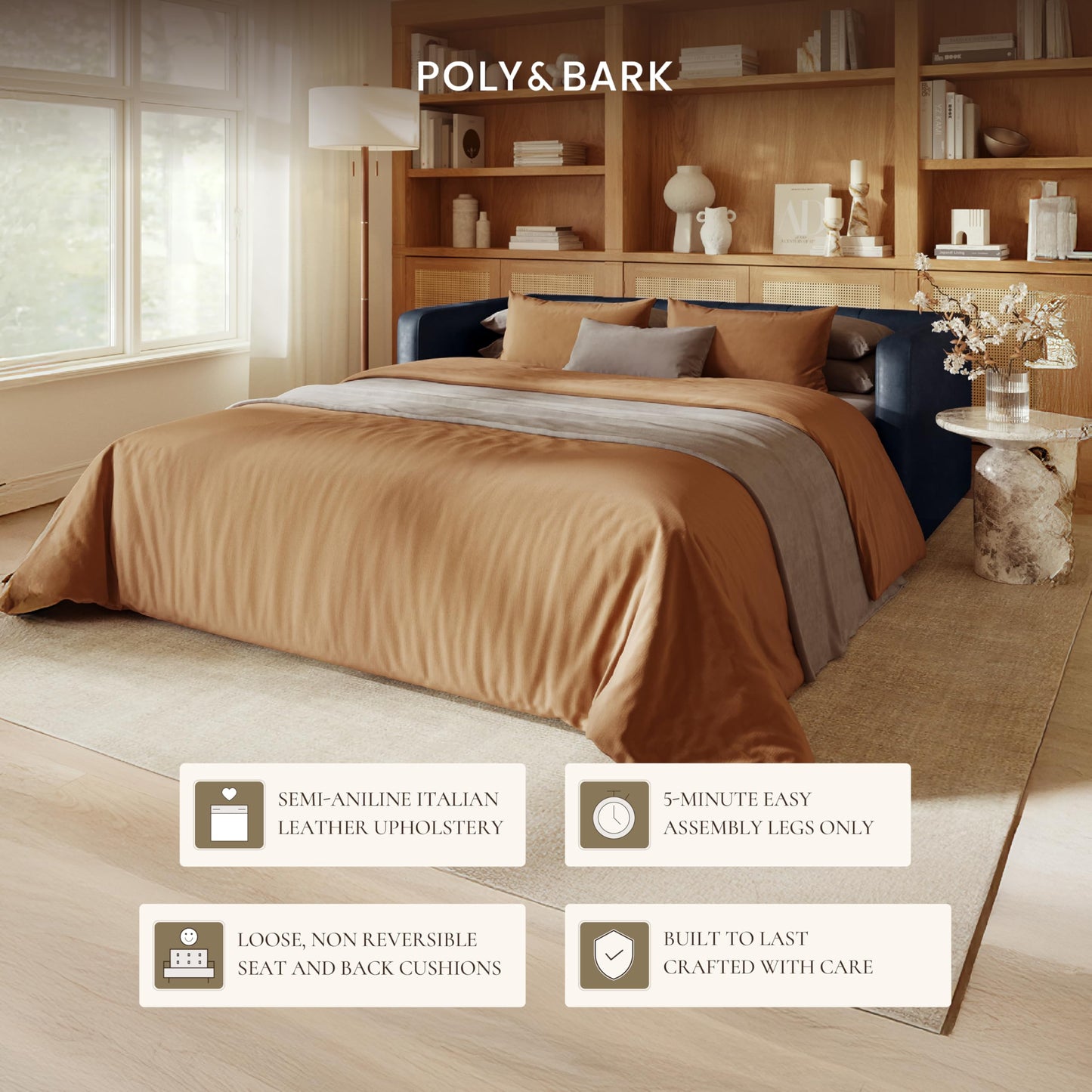 POLY & BARK Napa 82" Leather Pull‑Out Sleeper Sofa – Full‑Grain Italian Leather Upholstery,Tri‑Layer Mattress & Storage Console –Sophisticated Multi‑Functional Sofa Bed for Living Rooms & Guest Spaces