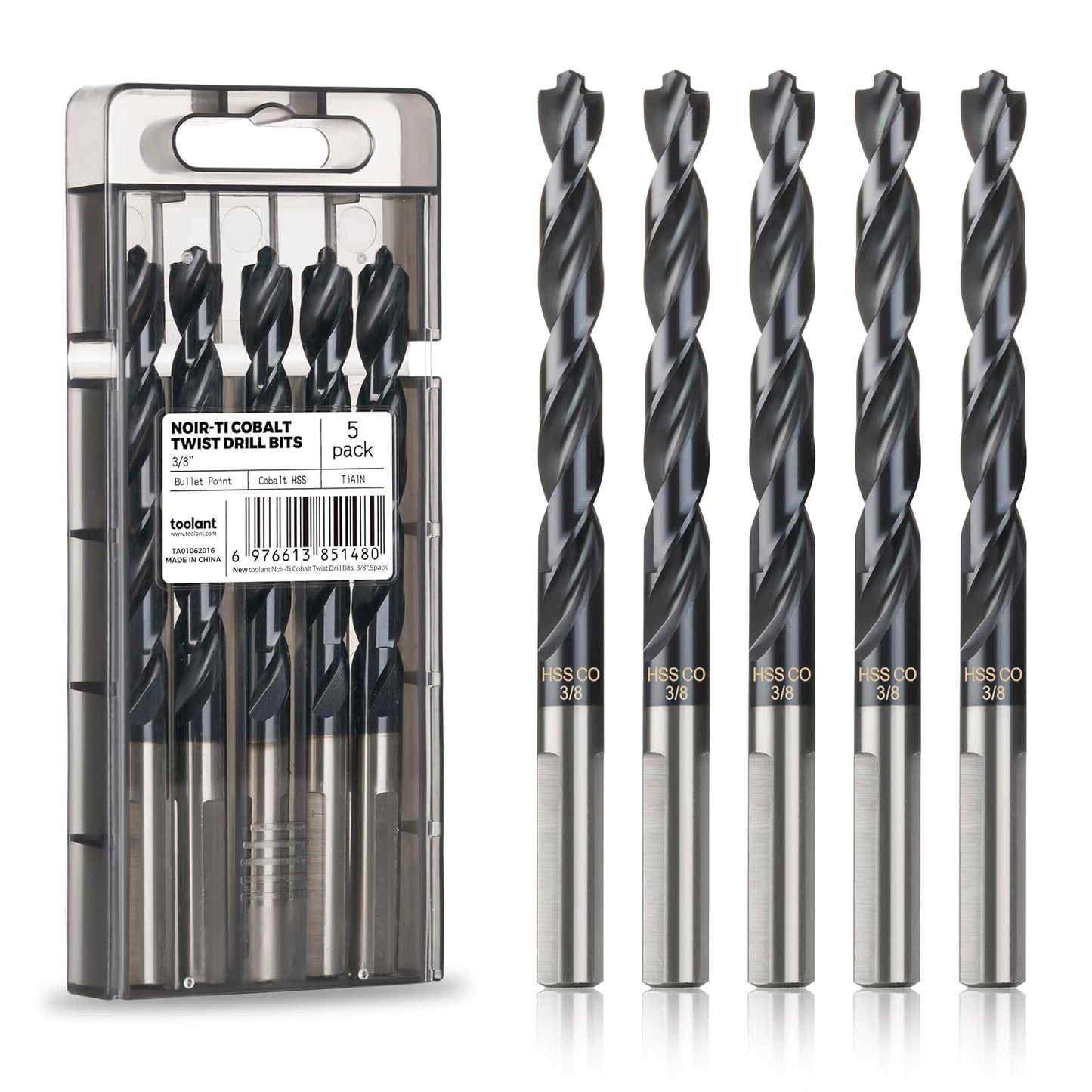 toolant 3/8" Cobalt Drill Bit Set(Pro) Titanium Aluminum Nitride Coated (TiAlN) with Bullet Point Tip, 5-Piece Bulk