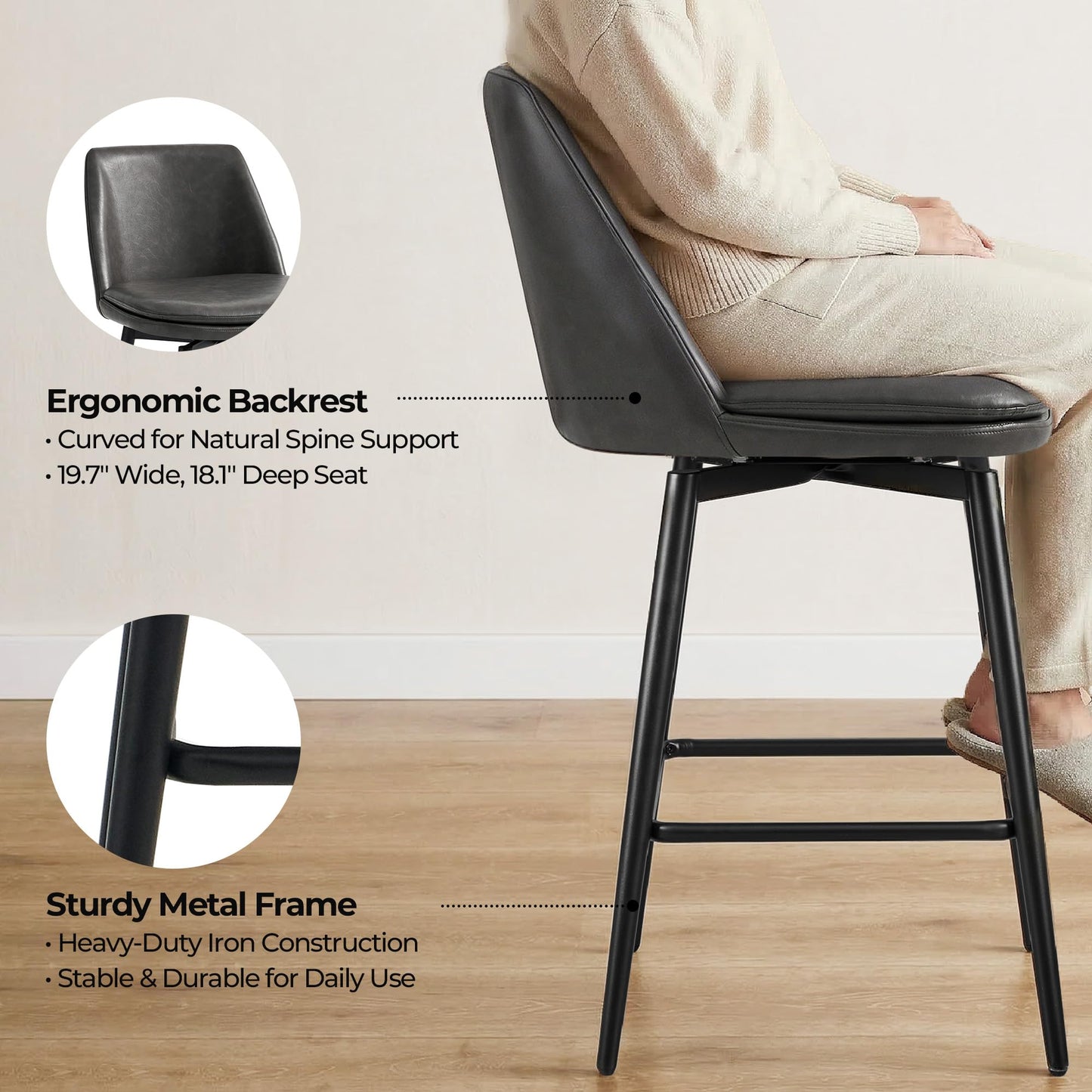CHITA Swivel Bar Stools, 27.2" Counter Height Bar Stools Set of 3, FSC Certified Upholstered Modern Counter Stools, Metal Legs, Faux Leather, Saddle Brown