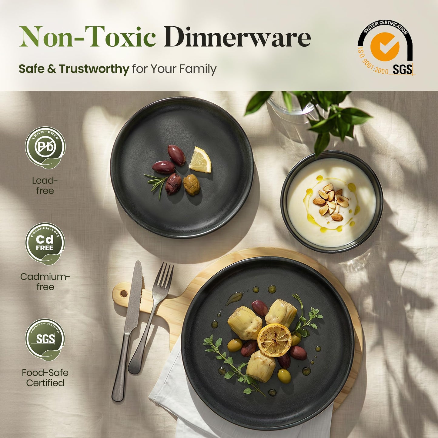 Kitchen Academy Stoneware Dinnerware Sets for 4, 16 Pieces Ceramic Non Toxic Plates and Bowls Sets, Scratch Resistant Handmade Dish Set, Oven & Microwave & Dishwasher Safe, Matte Black