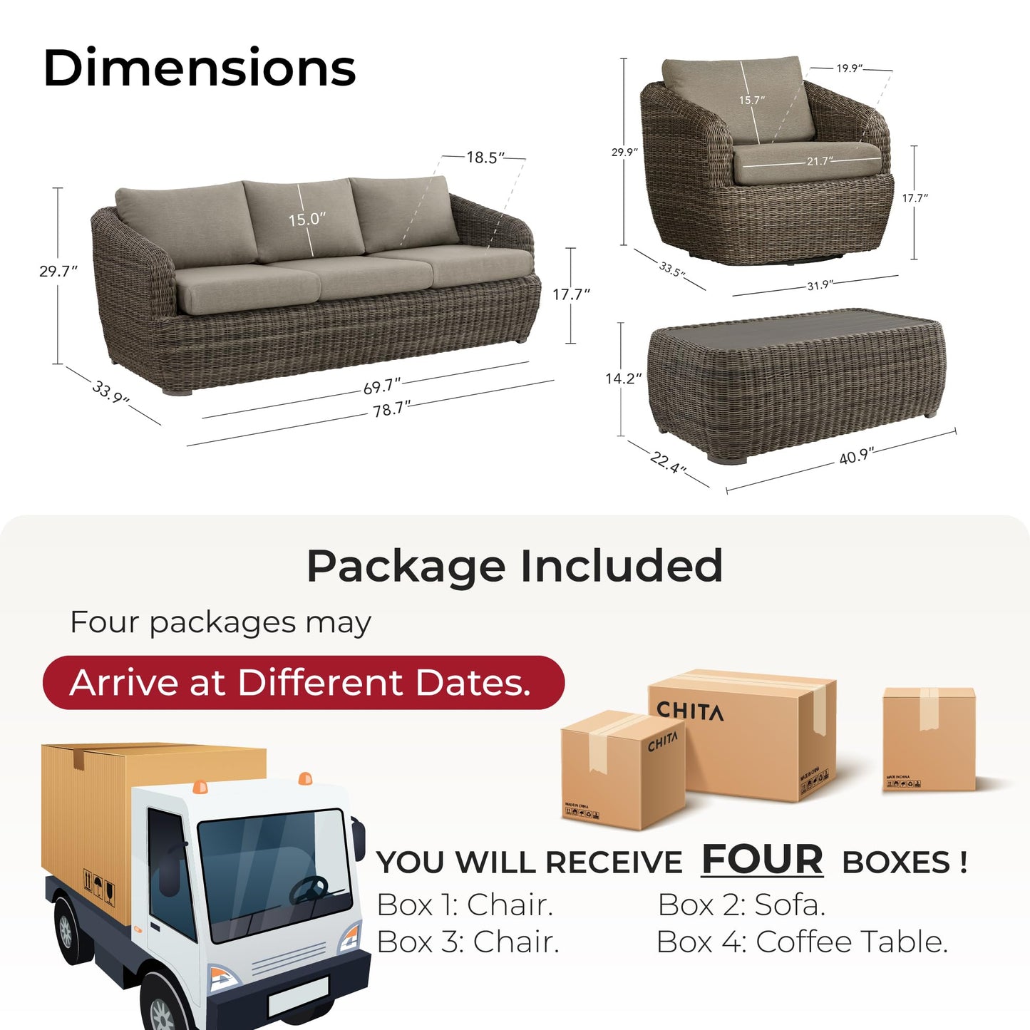 CHITA 5 Pieces Patio Wicker Furniture Set, Outdoor Rattan Bistro Set with Removable Thickened Cushions, Fully Assembled(Beige Cushions with Light Brown Wicker)