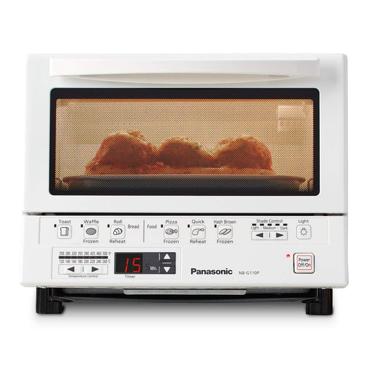 Panasonic FlashXpress Toaster Oven Countertop, 4-Slice Small Toaster Oven Compact Size with Double Infrared Heating, 6 Auto Cook Options and Precise Temperature Control, 1300W - NB-G110P (Silver)