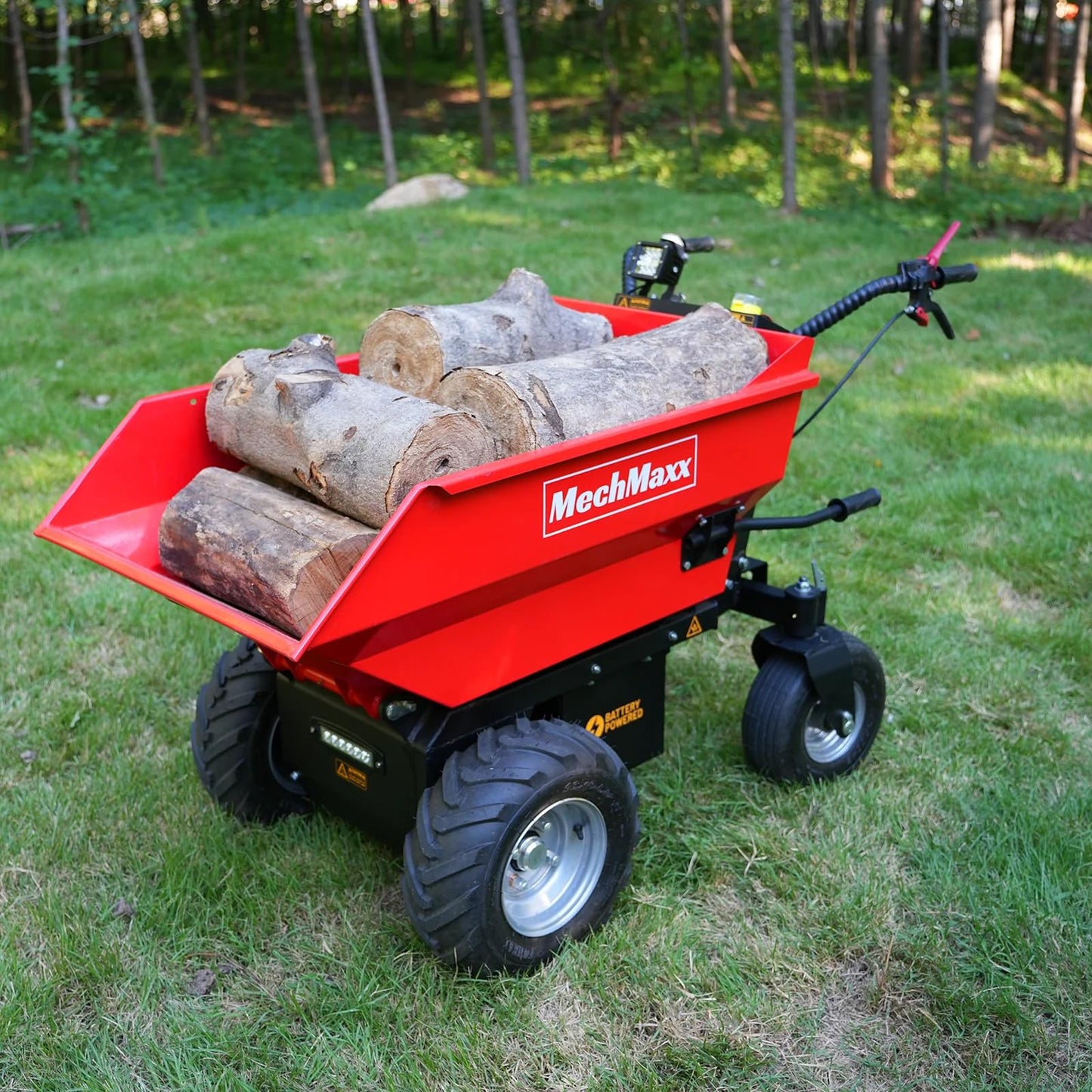 MechMaxx 1100Lb Loading 48V Battery Powered Wheel Barrow Electric Dumper Cart with 30W Light, Hydraulic Tipping, 1000W Brushless DC Motor, LED Display Screen, Model EH50 Yellow