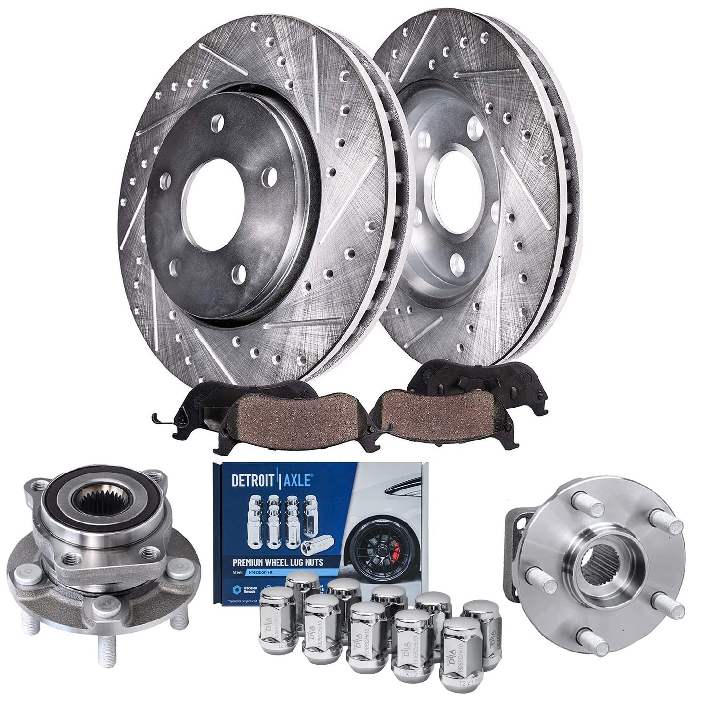 Detroit Axle - Brake Kit for 2006-2018 Dodge Ram 1500 2007-2009 Durango Chrysler Aspen 2019-2024 Ram 1500 Classic, Drilled Slotted Brake Rotors and Ceramic Brakes Pads w/Hardware Replacement