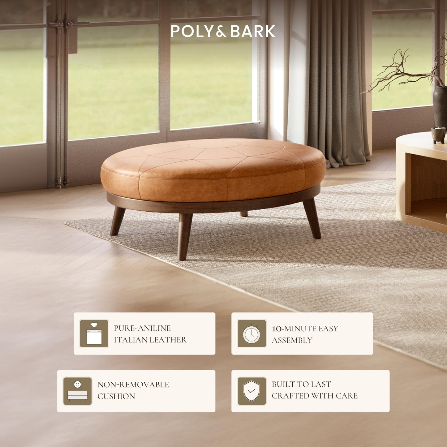 POLY & BARK Denver Ottoman – 43" Large Pouf with Feather-Down Topper – Full-Grain Leather Upholstered Pouf Ottoman for Living Room – Vintage Italian Leather in Cognac Tan