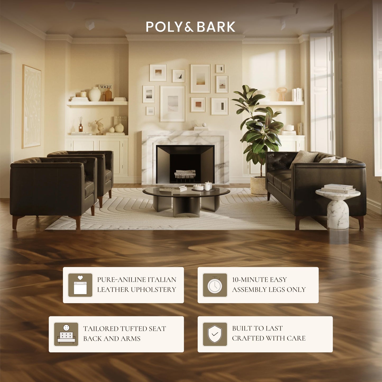 POLY & BARK Essex 89” Full-Grain Italian Leather Sofa – Tufted Back, Feather-Down Comfort, Solid Wood Frame, Cognac Tan
