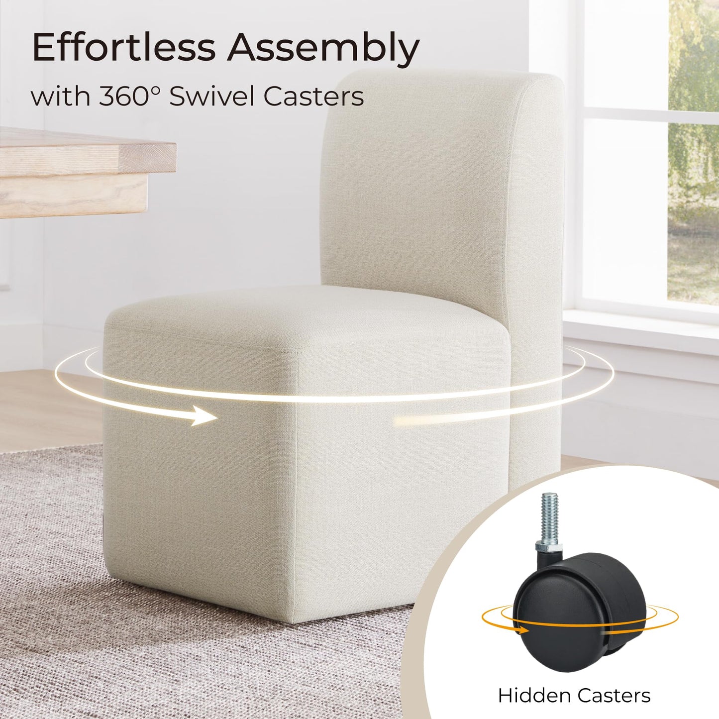 CHITA Dining Chairs with Casters Set of 2, FSC Certified Upholstered Armless Modern Rolling Dining Chairs with Rollers for Bedroom Reading Room Living Room, Fully Assembled, Linen