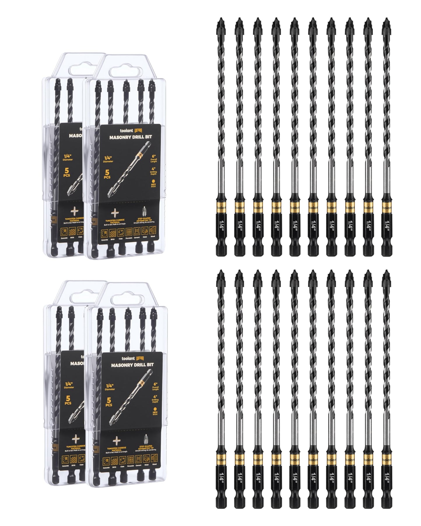 toolant Serrated Eccentric Masonry Drill Bit Set(5pcs),Four Edge Concrete Drill Bits for Glass, Tile, Brick, Cement Concrete Plastic,5/32"-3/8",Industrial Strength Carbide Drill Bit Tip