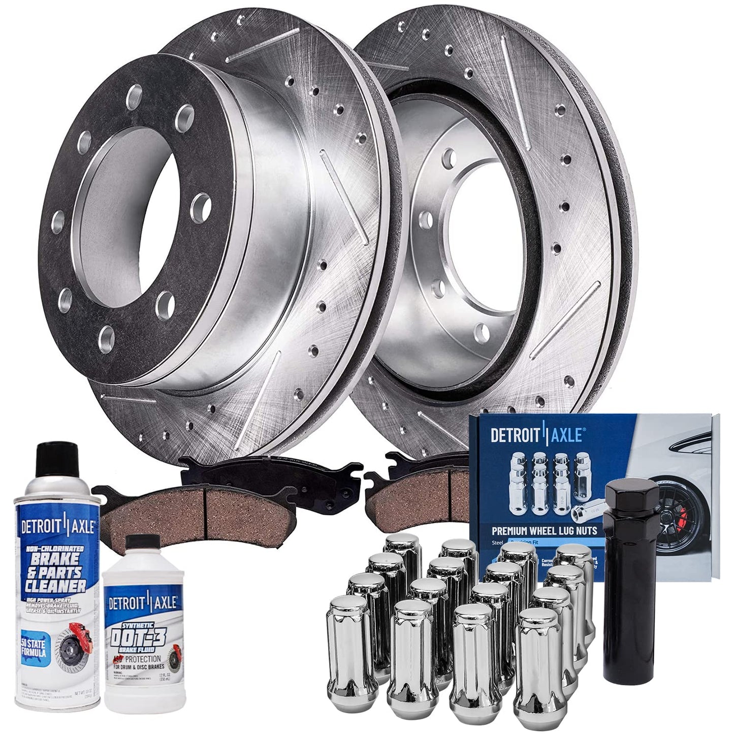 Detroit Axle - Brake Kit for 2006-2018 Dodge Ram 1500 2007-2009 Durango Chrysler Aspen 2019-2024 Ram 1500 Classic, Drilled Slotted Brake Rotors and Ceramic Brakes Pads w/Hardware Replacement