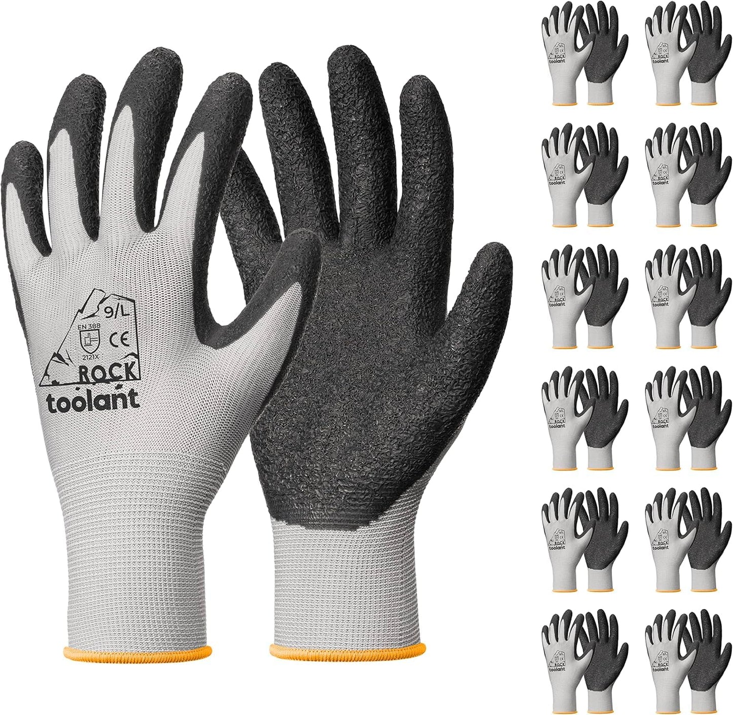 toolant Crinkle Latex Work Gloves Bulk, Rubber Coated Safety Work Gloves for Men and Women, 12 Pairs for Construction, Gardening, Warehouse (Black, Large)