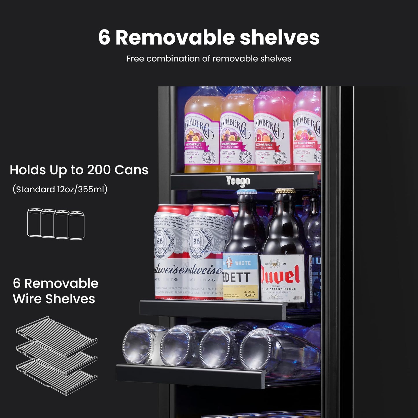 Yeego 24-Inch Beverage Refrigerator, Built-In or Freestanding Beverage Cooler, Up to 180 Cans, Glass Door Mini Fridge for Soda, Beer, Water & Wine (Left-Hinged)