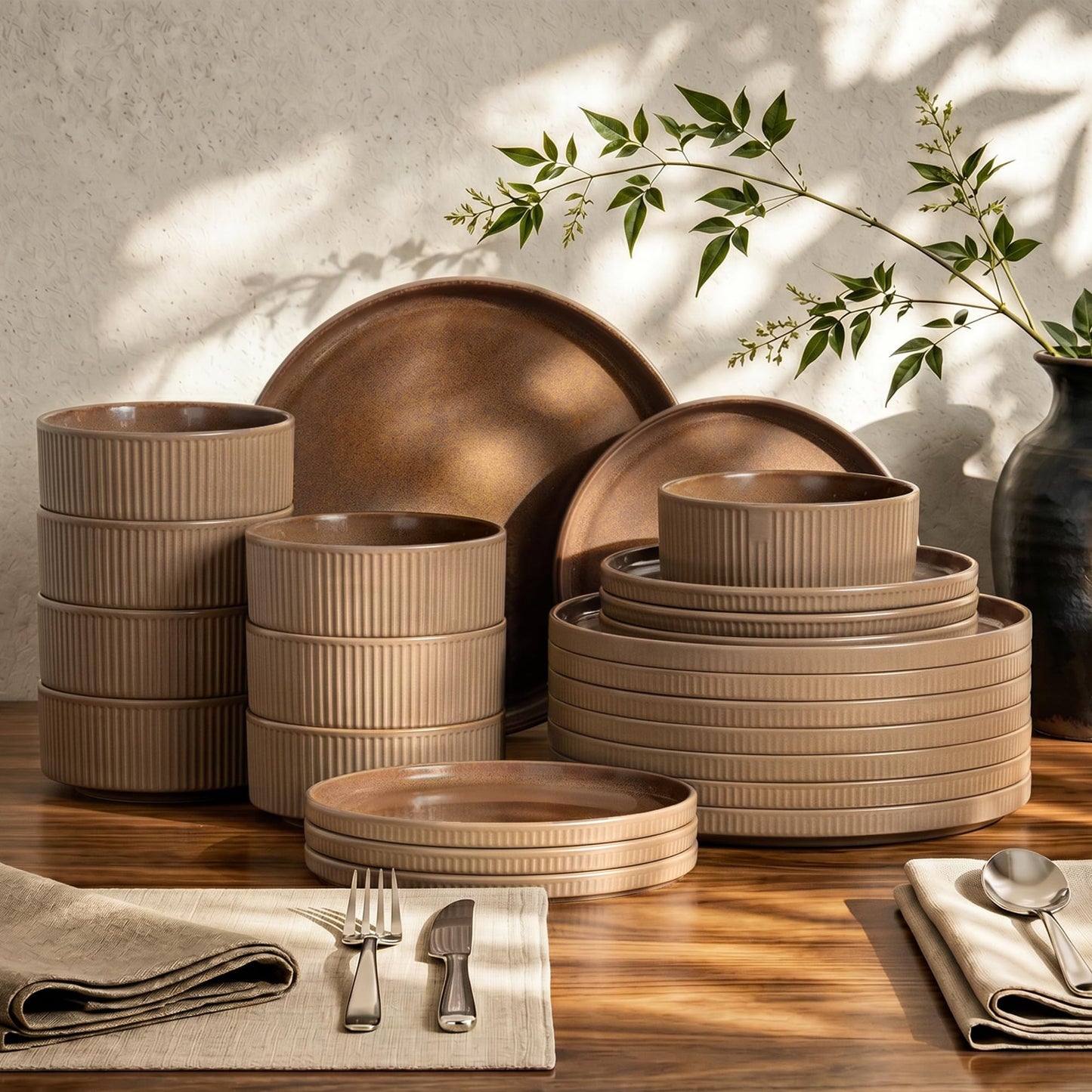 Kitchen Academy Brown Stoneawre Dinnerware Sets for 8, 24Pcs Ceramic Non Toxic Plates and Bowls Sets, Scratch Resistant Dishes, Oven & Microwave Safe