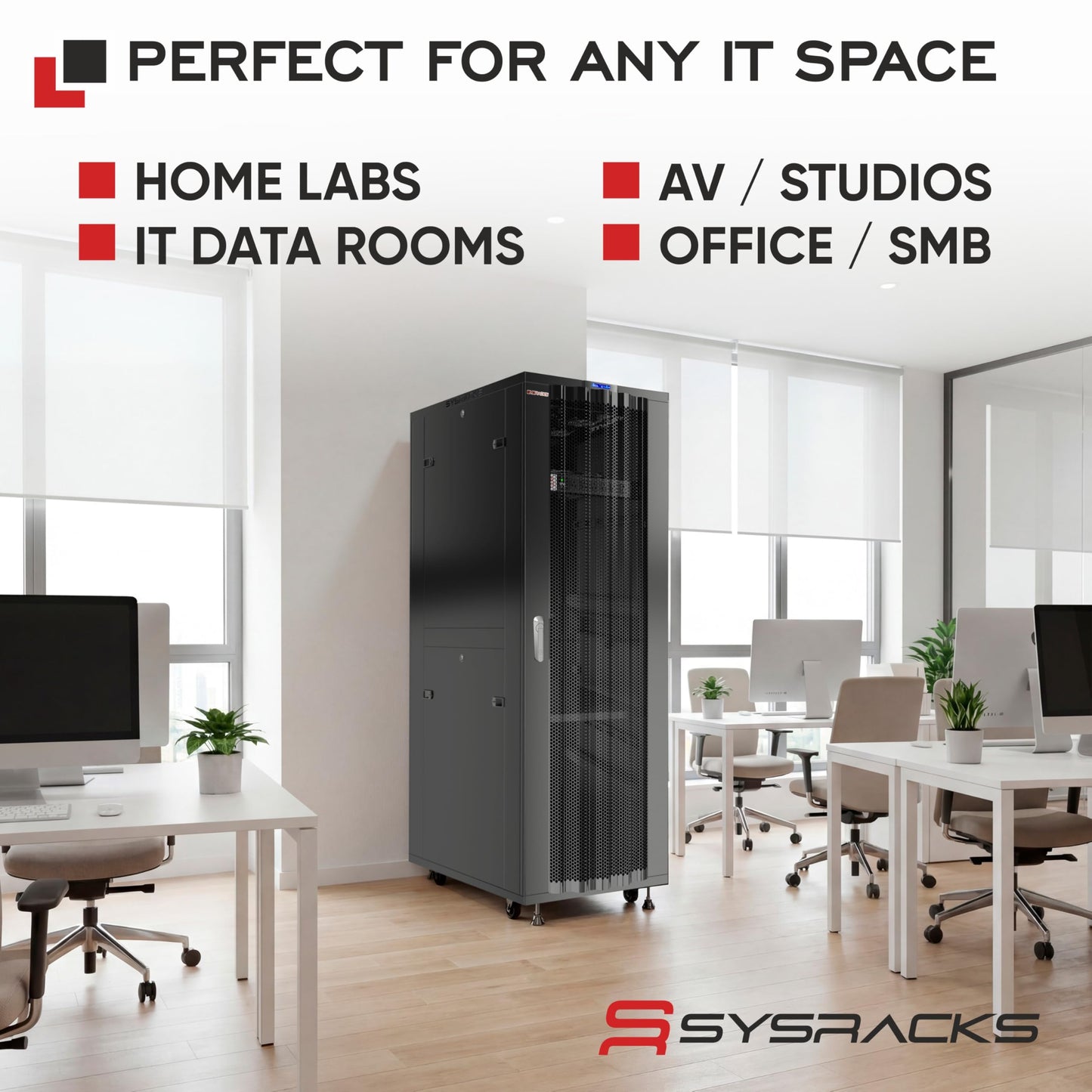 Sysracks 32U Server Rack Cabinet, 32" Deep, Glass Door, 19-Inch | 4-fan thermostat cooling, PDU, shelf, casters, cable brushes, 1600 lb capacity