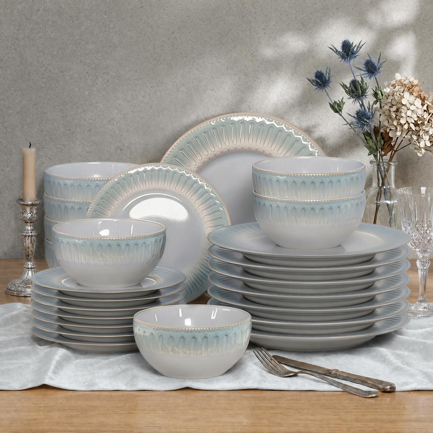 Kitchen Academy Stoneware Dinnerware Sets for 8, Embossed Ceramic Plates and Bowls Set, Beige Dishes