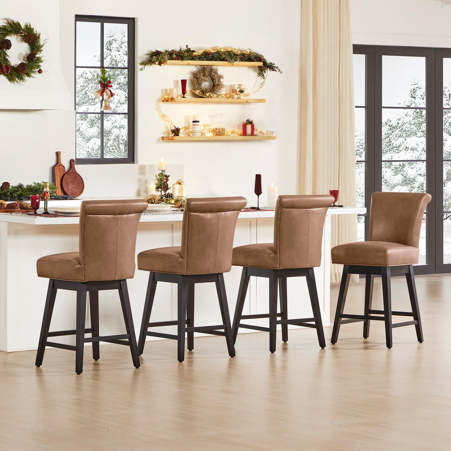 CHITA 30 Inch Counter Height Swivel Bar Stools Set of 2, FSC Certified Modern Upholstered Faux Leather Swivel Barstool Chairs with Back, Black