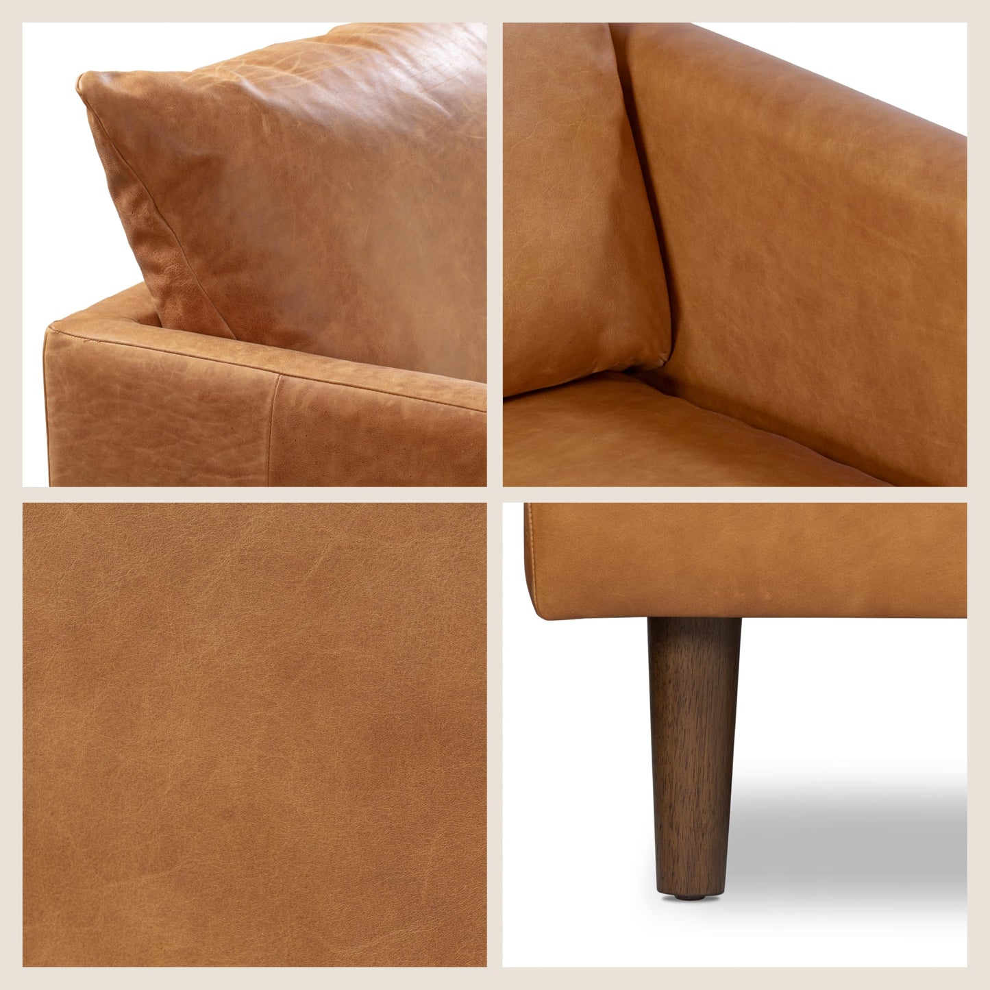 POLY & BARK Sorrento 86" Sofa – Cognac Tan Full-Grain Pure-Aniline Italian Leather, Feather-Down Cushions, Solid Wood Frame & Walnut Legs