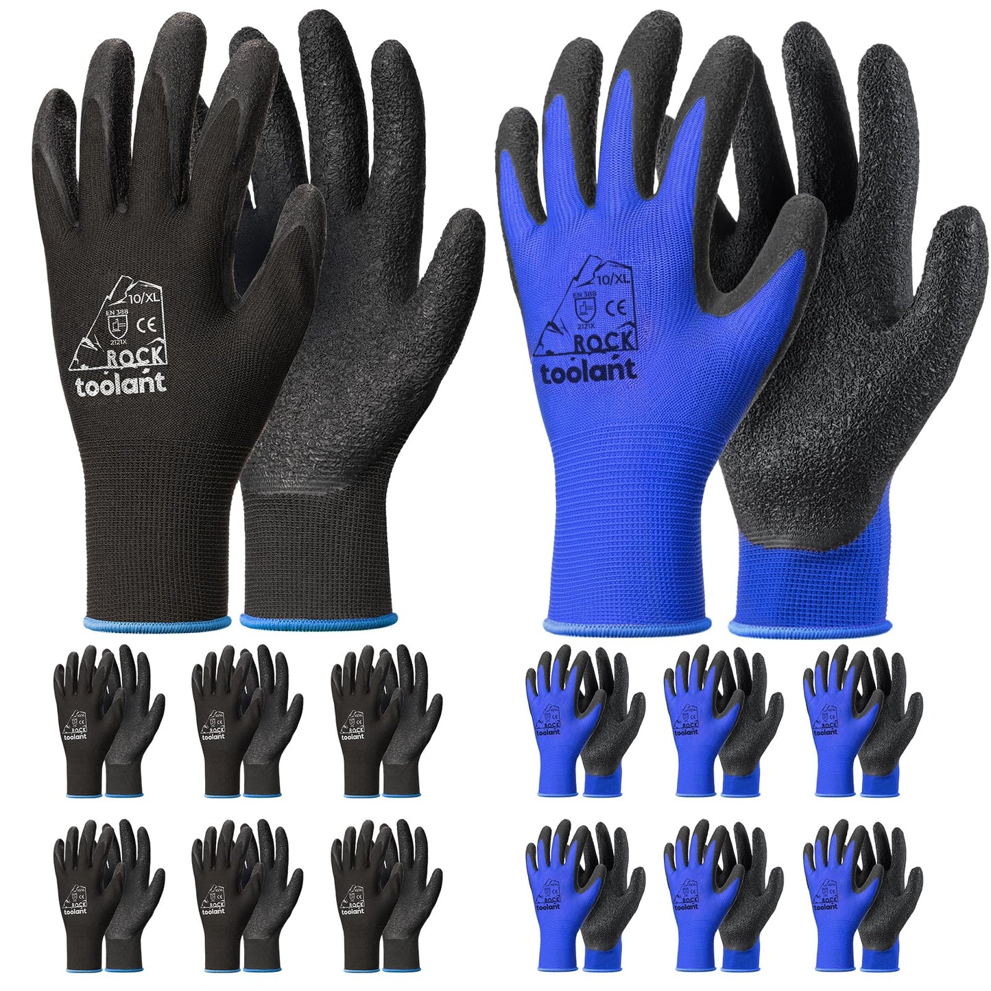 toolant Crinkle Latex Work Gloves Bulk, Rubber Coated Safety Work Gloves for Men and Women, 12 Pairs for Construction, Gardening, Warehouse (Black, Large)