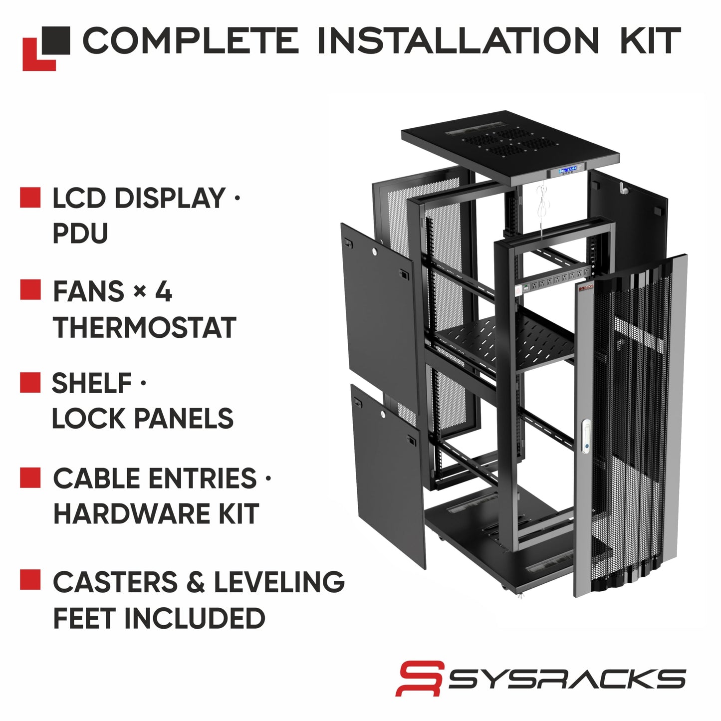 Sysracks 27U Server Rack Cabinet, 39" Deep, Vented Door, 19-Inch | 4 fans, thermostat controller, PDU, shelf, casters, 1600 lb capacity