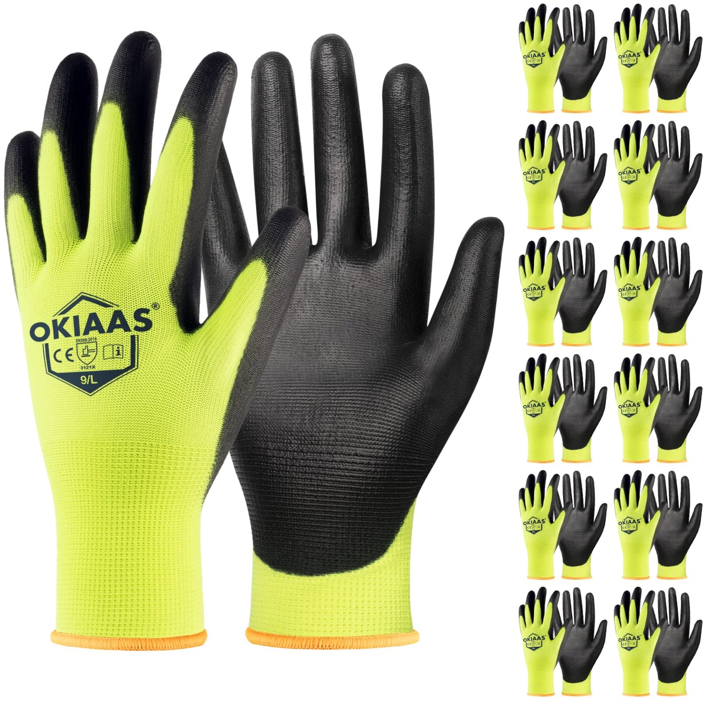 OKIAAS Work Gloves for Men,Ultra Thin and Lightweight Working Gloves with Grip,12 Pairs Bulk Pack Construction Gloves with Polyurethane Coating,Safety Gloves for Light Duty Work (Black, Large)
