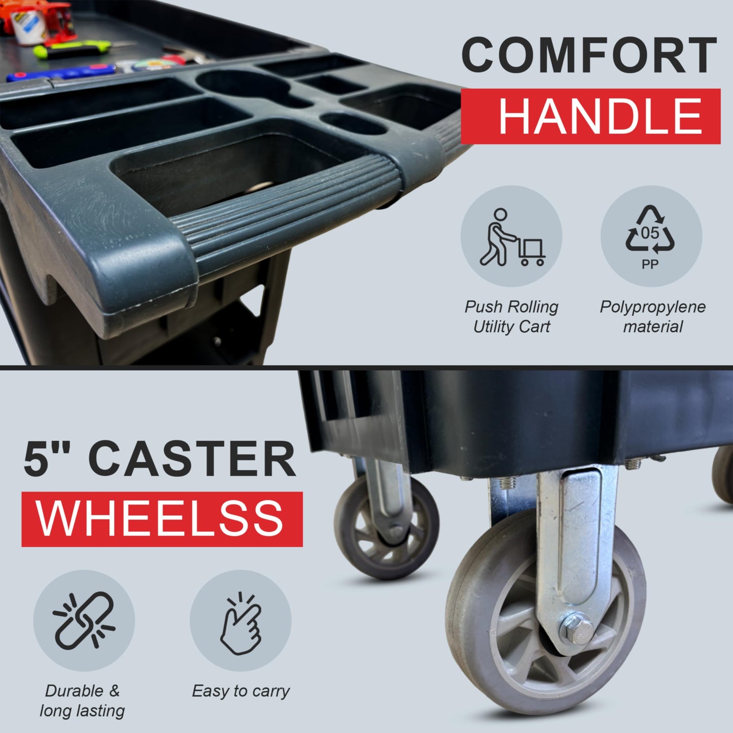 600 lbs Heavy Duty Rolling Utility Service Cart with Wheels, 3-Tier HDPE Deep Shelves, 5" Caster Wheels for Warehouse/Garage/Restaurants/Offices (SC3500D)