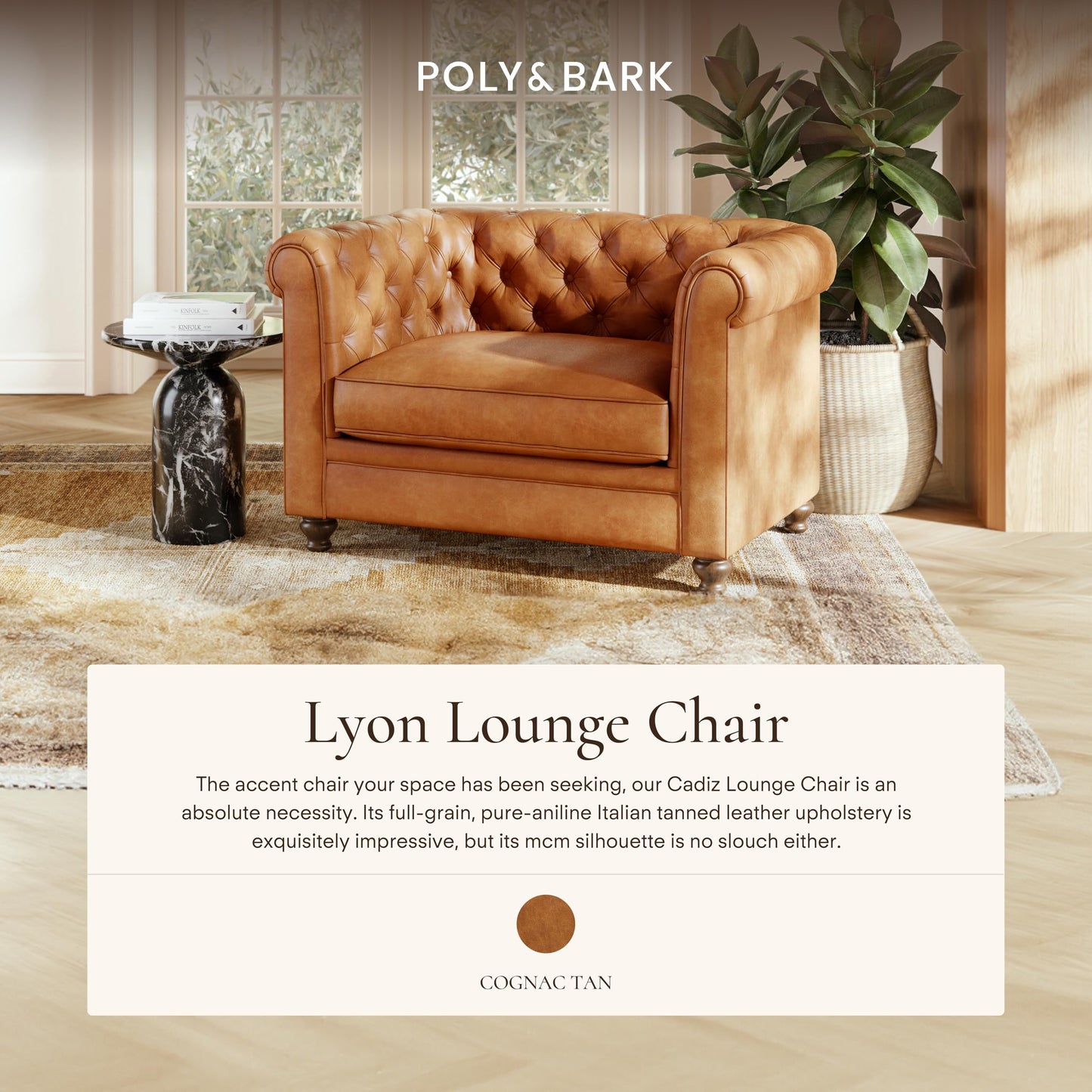 Poly & BARK Rowan Lounge Chairs Set of 2 – Mid Century Modern Leather Armchairs with Ribbed Seat and Solid Ash Wood Frame, Cognac Tan