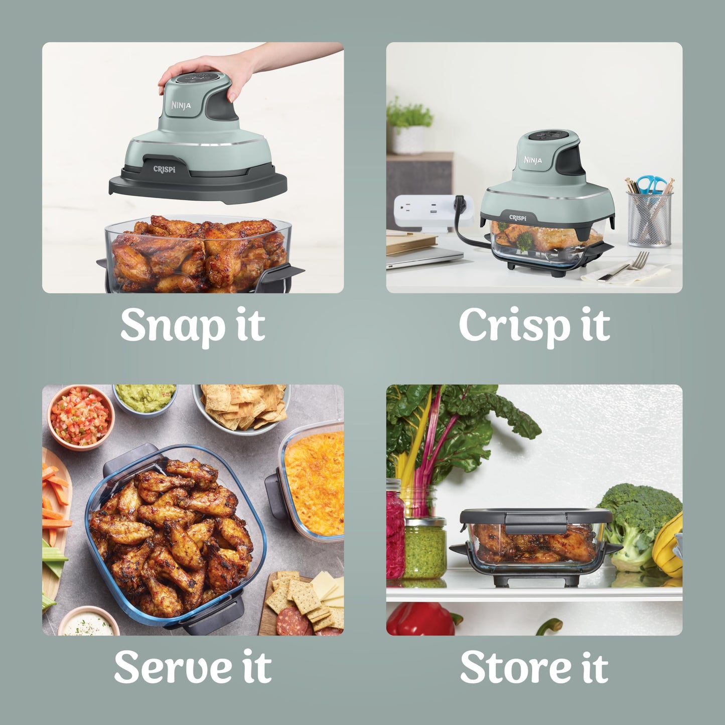 Ninja Crispi 4-in-1 Glass Air Fryer | With Non-Toxic 4QT & 6-Cup Glass Containers & Lids | Microwave, Freezer, Dishwasher Safe | 450°F Max Temp |1500 Watt | Stone | FN101ST