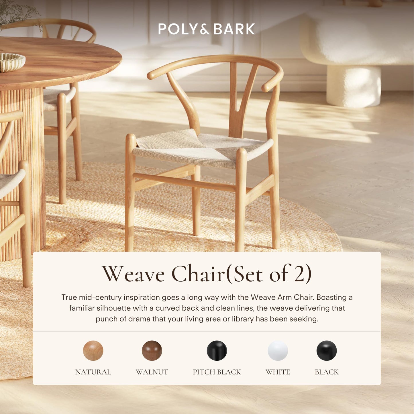 POLY & BARK Weave Dining Chair – Mid-Century Modern Wishbone Dining Chair with Arms, Solid Wood Frame, Indoor Use – Black – Single - Ideal for Dining Room, Kitchen or Stylish Accent Setting